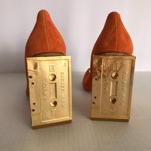NWT SUPER RARE Suede Orange Gold Cleo B Sucker MC's Cassette Peep Toe Heels